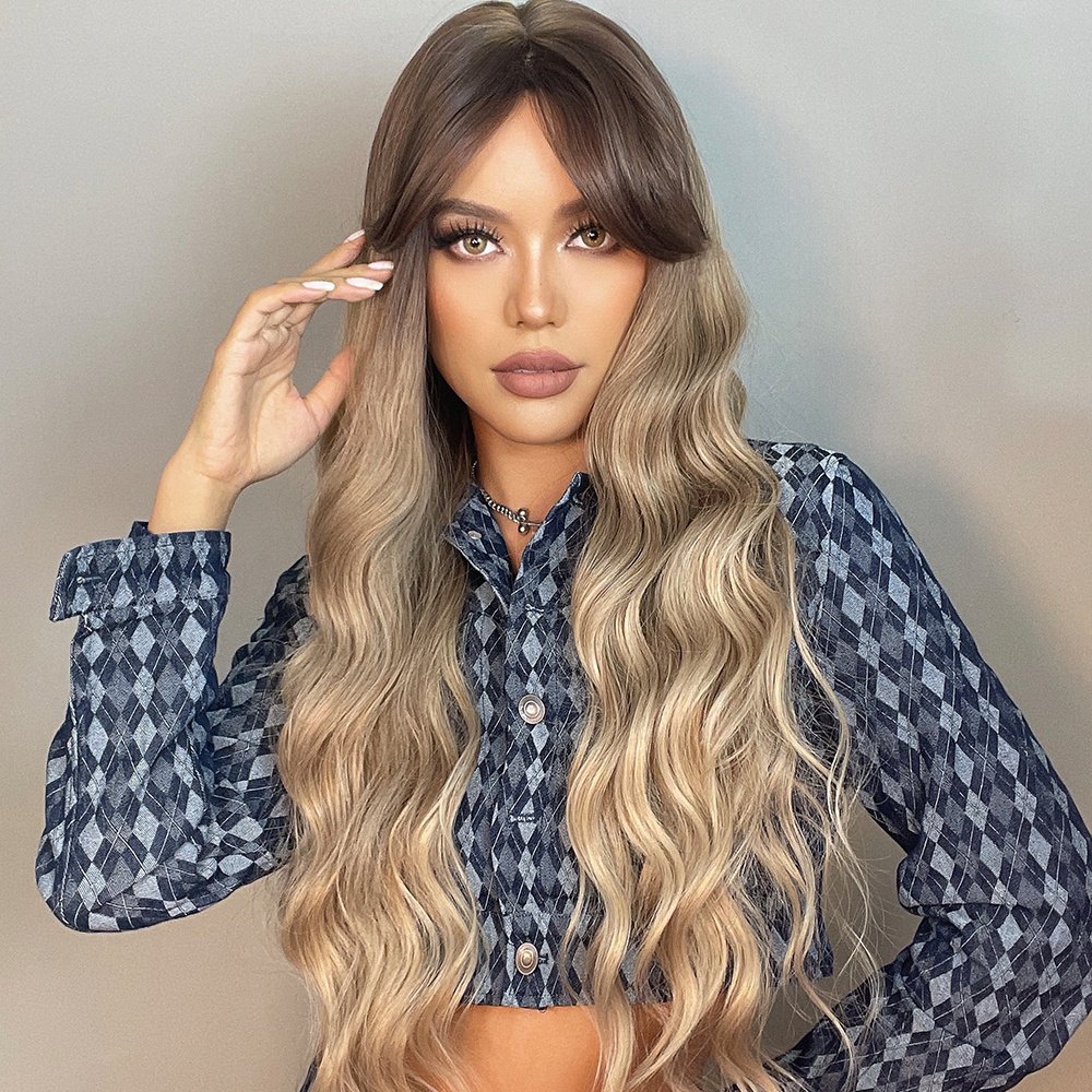 Long Balayage Hair With Bangs Synthetic Hair Wavy Women Wig 26 Inches