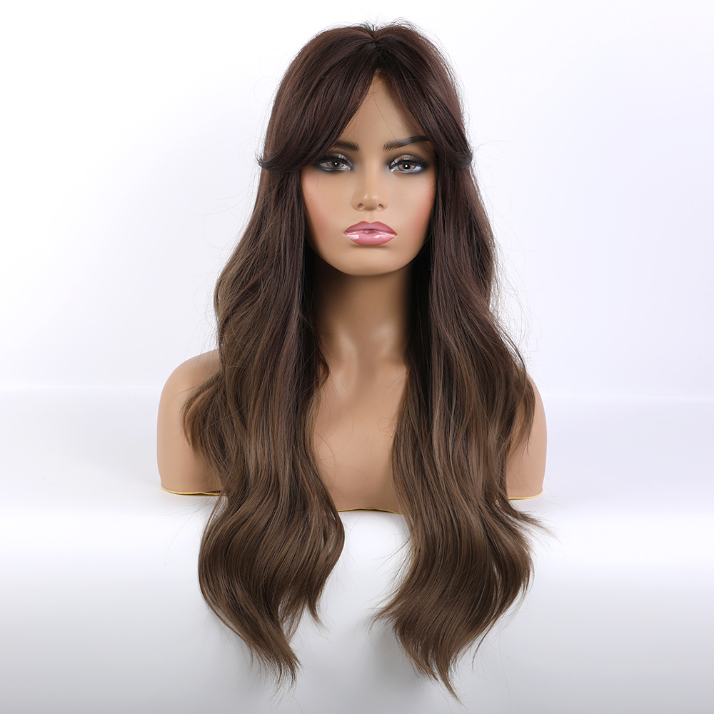 Women's Long Wavy Brown Synthetic Wigs With Bangs 26 Inches