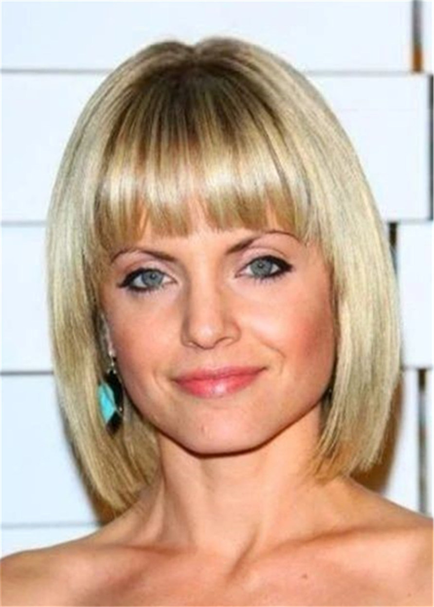 Blonde Bob Synthetic Hair With Bangs Lace Frontal Wig 14 Inches