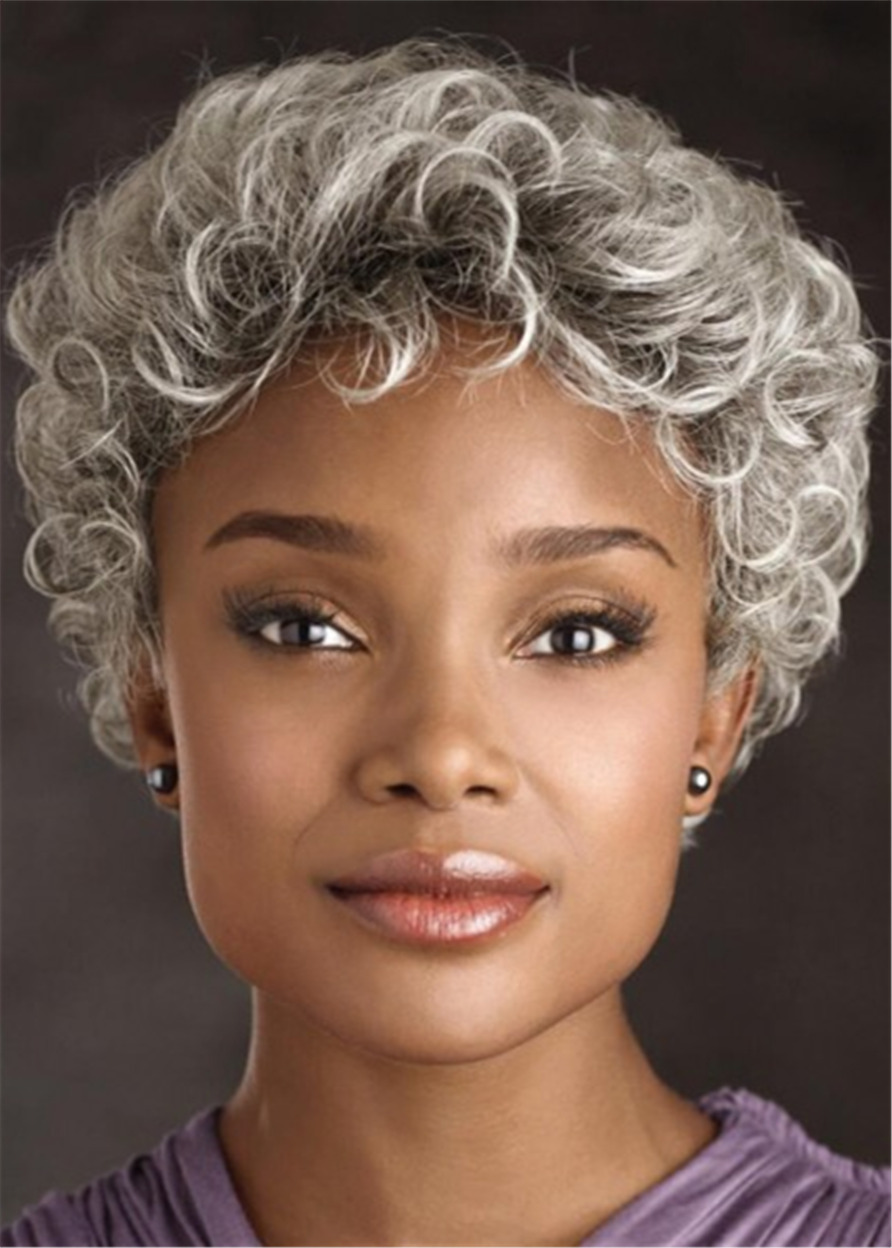 Old Women Grey Curly Short Kinky Curly Synthetic Hair Capless Wigs 8Inch
