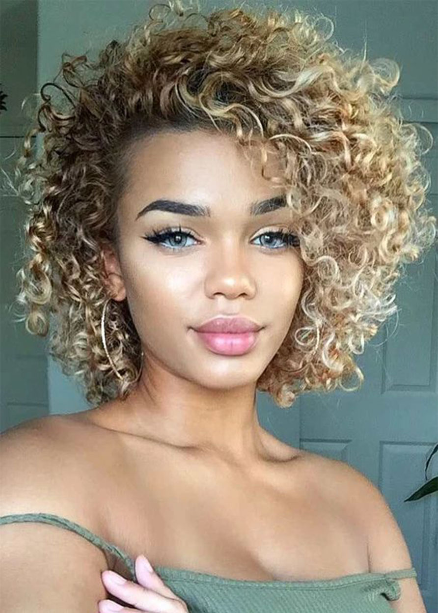 Medium Hairstyles Afro Kinky Curly Women's Curly Synthetic Hair Lace Front Cap Wigs 14Inch