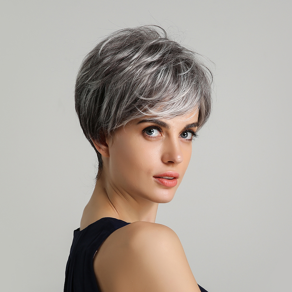 Short Layered Straight Hairstyle Human Hair Blend Wigs 8 Inches