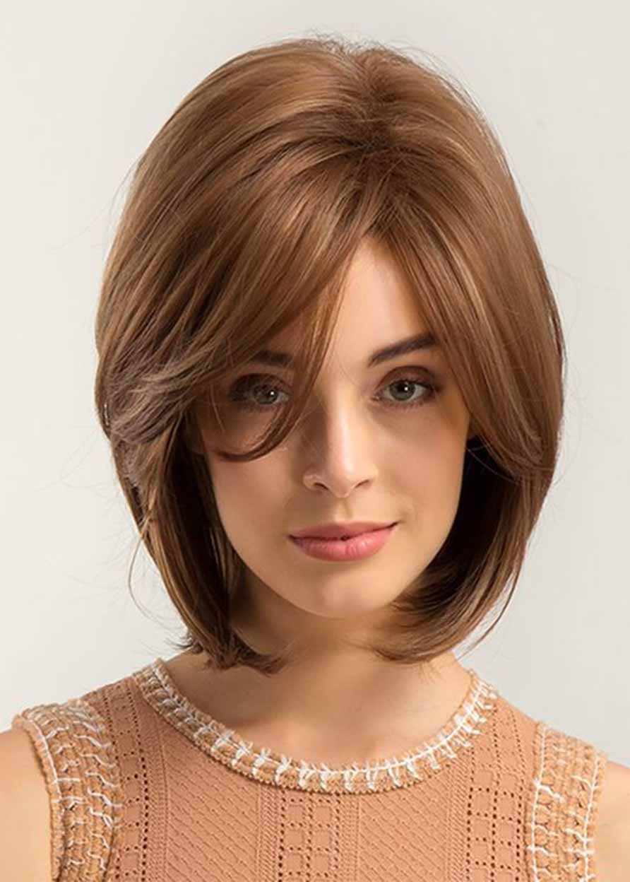 Natural Looking Women's Medium Length Straight Hair Fashion Human Hair Capless Wigs 12Inch