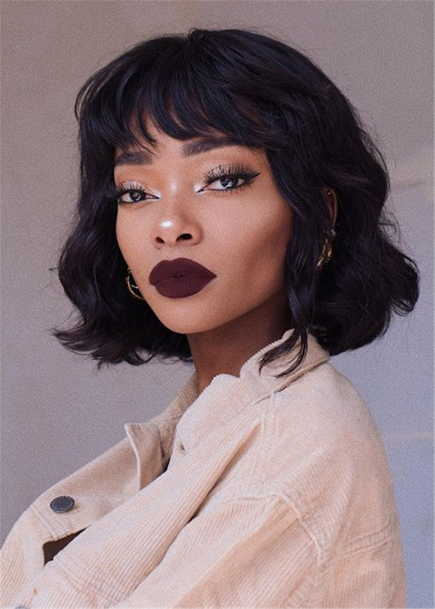 Short Wavy Bob Style Human Hair Capless Wigs With Bangs 14Inch For African American Women