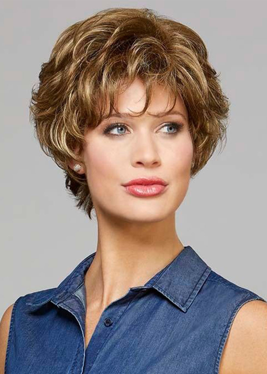 Fabulous Women's Short Curly Hairstyles Blonde 100% Human Hair Lace Front Cap Wigs With Bangs 10Inch