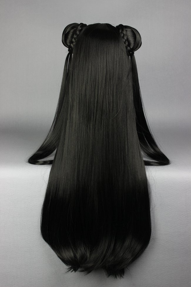 Super Long Straight Black Cosplay Wig with Ponytails