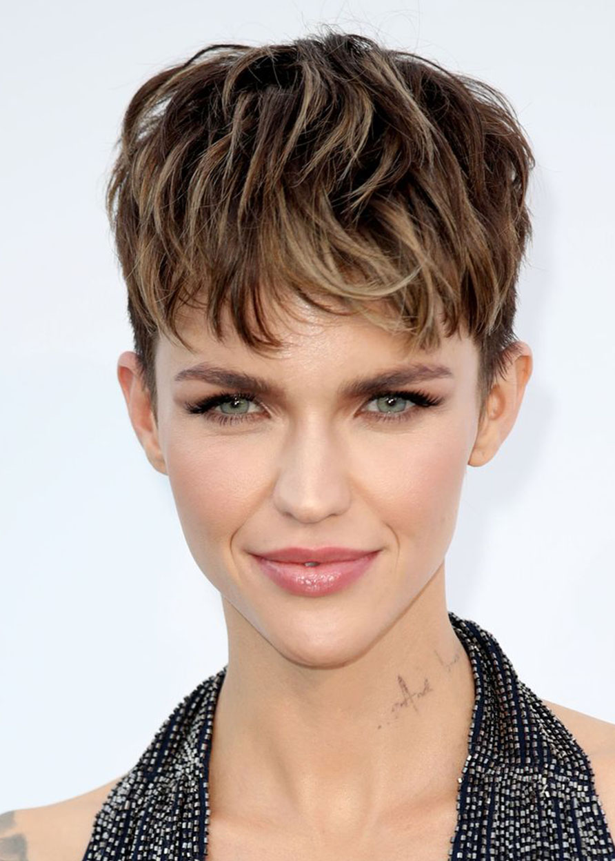 Ruby Rose Pixie Cut Hairstyles Women's Short Layered Bangs Straight Synthetic Hair Lace Front Wigs 6Inch