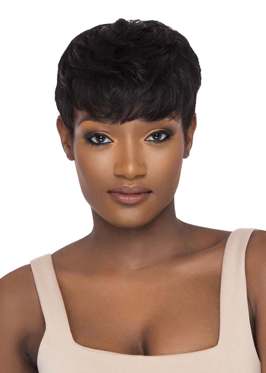 Natural Looking Short Pixie Cut Wavy Human Hair Capless Wigs For African American Women