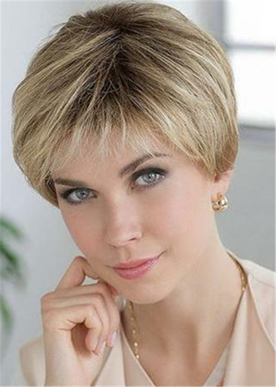 Short Natural Straight Layered Human Hair Blend Lace Front Wigs For Women 8 Inches