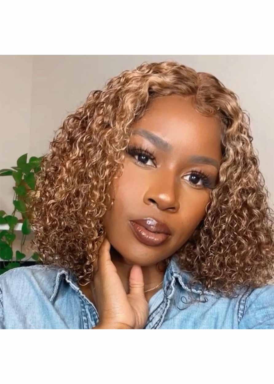 Women's Perfect Curly Honey Blonde Bob Style Kinky Curly Human Hair Lace Front Wigs 14Inch