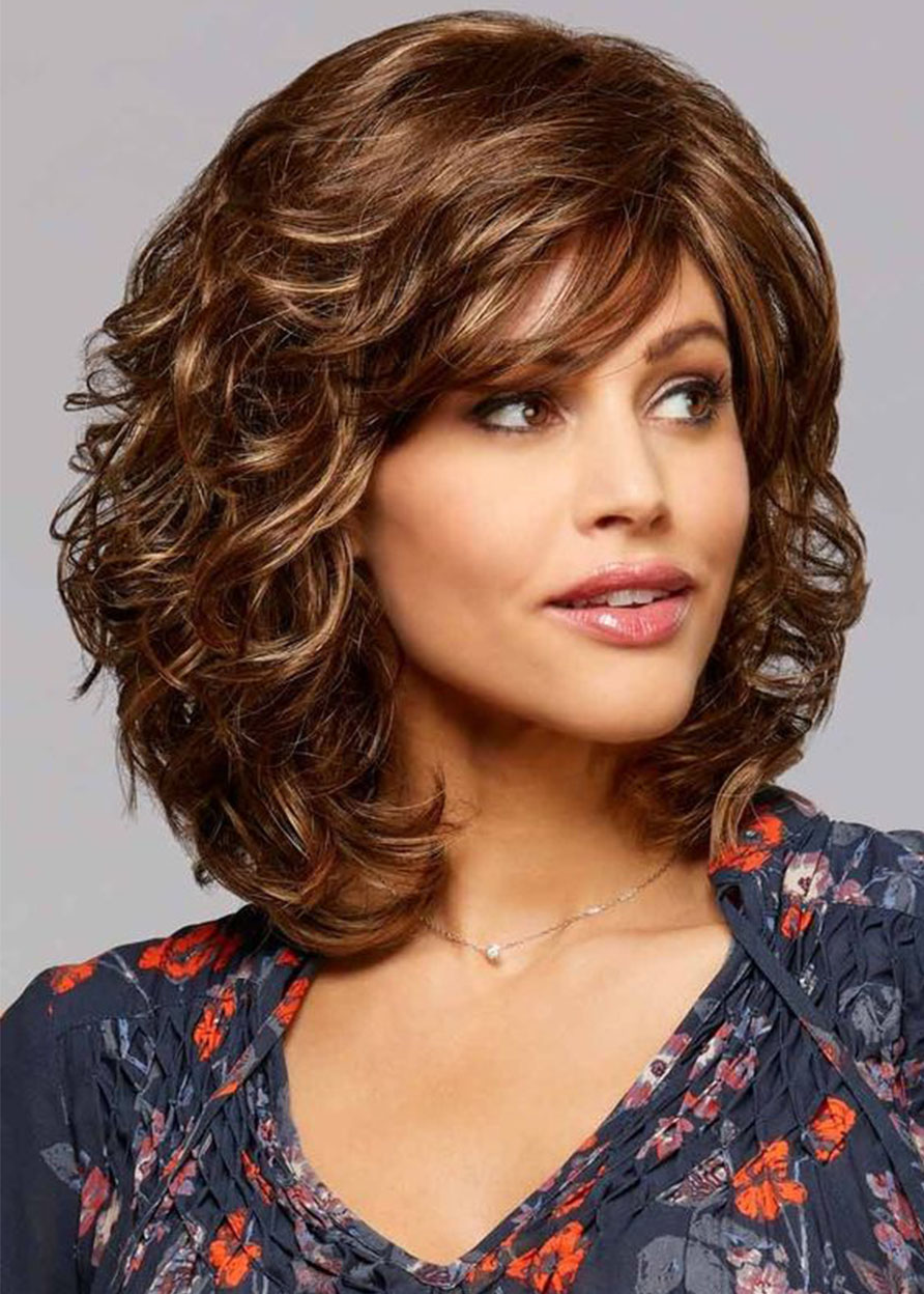 Mid Length-Curly Wavy Blonde Synthetic Hair Wigs Lace Front Wig 16inch