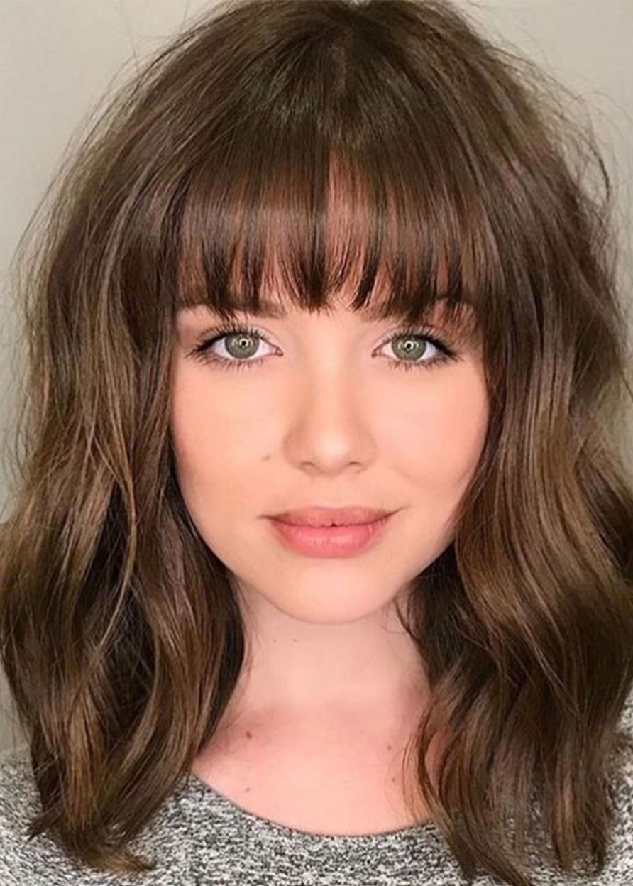 Cute Bangs Hairstyles Women's Middle Length Wavy Synthetic Hair Wigs Natural Looking Capless Wigs 18Inches