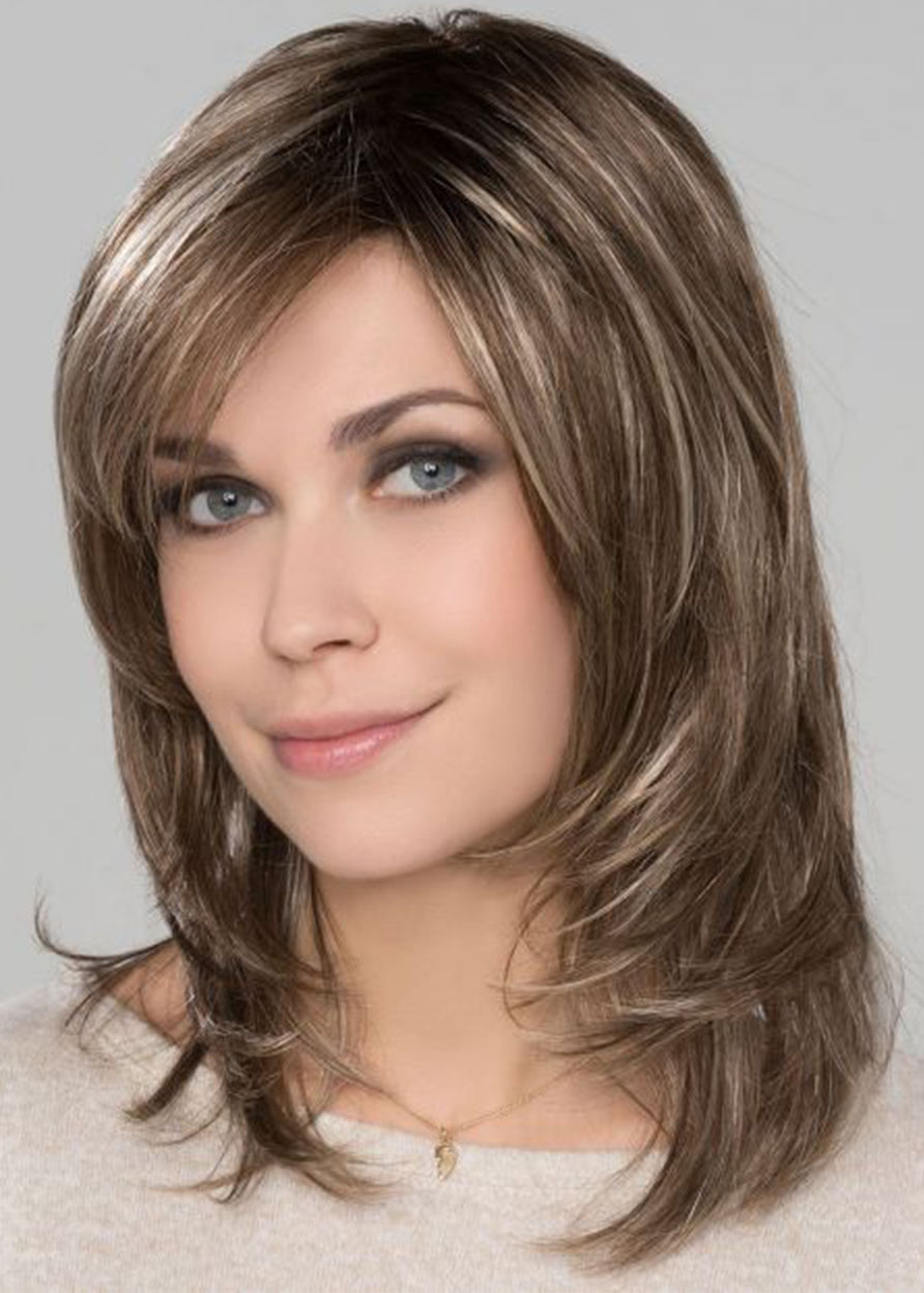 Women's Medium Length Hairstyles Natural Straight Layered Human Hair Lace Front Wigs 14Inch