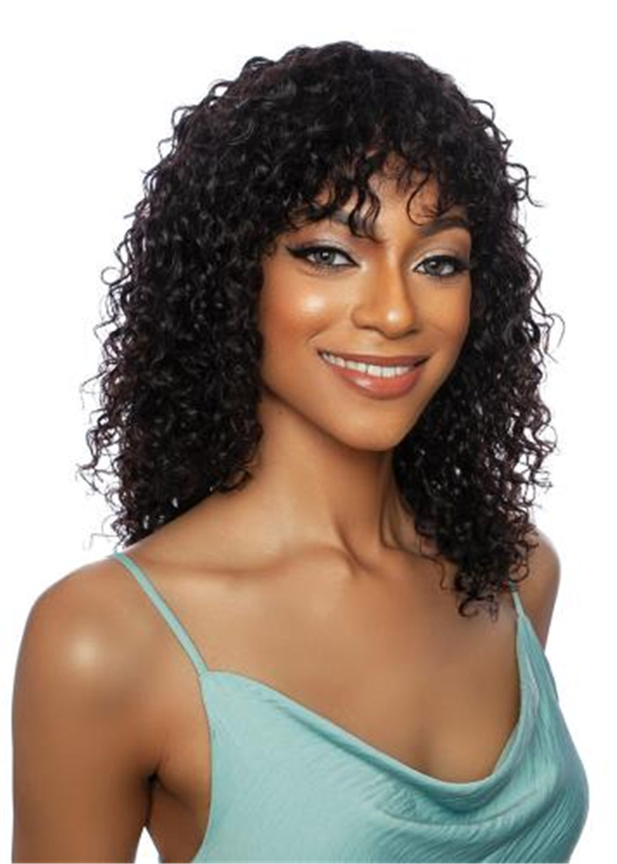 African American Women's Long Kinky Synthetic Curly Hair With Bangs Capless Wigs 18Inch