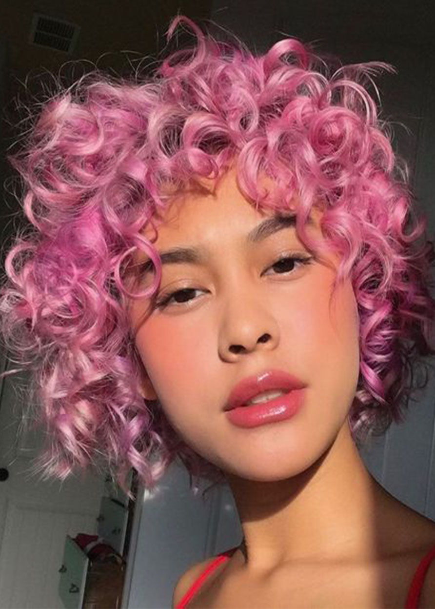 Women's Pink Color Short Curly Synthetic Hair Capless WIgs 10Inch