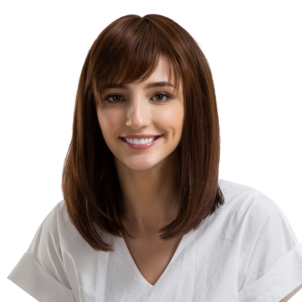 Natural Straight With Bangs Human Hair Capless Wig 14 Inches