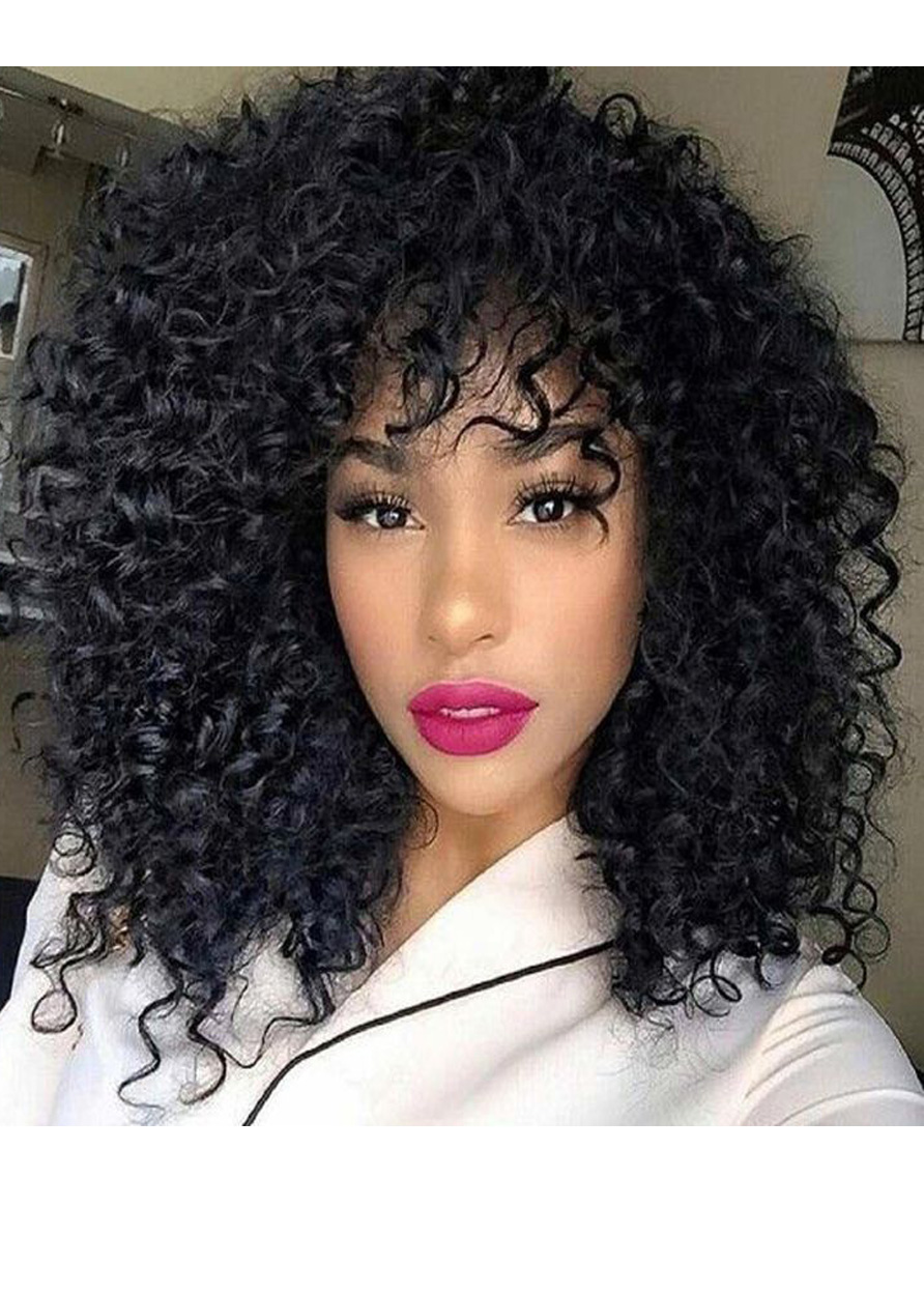 Kinky Curly Medium Length Synthetic Capless Hair African American For Black Women Wig