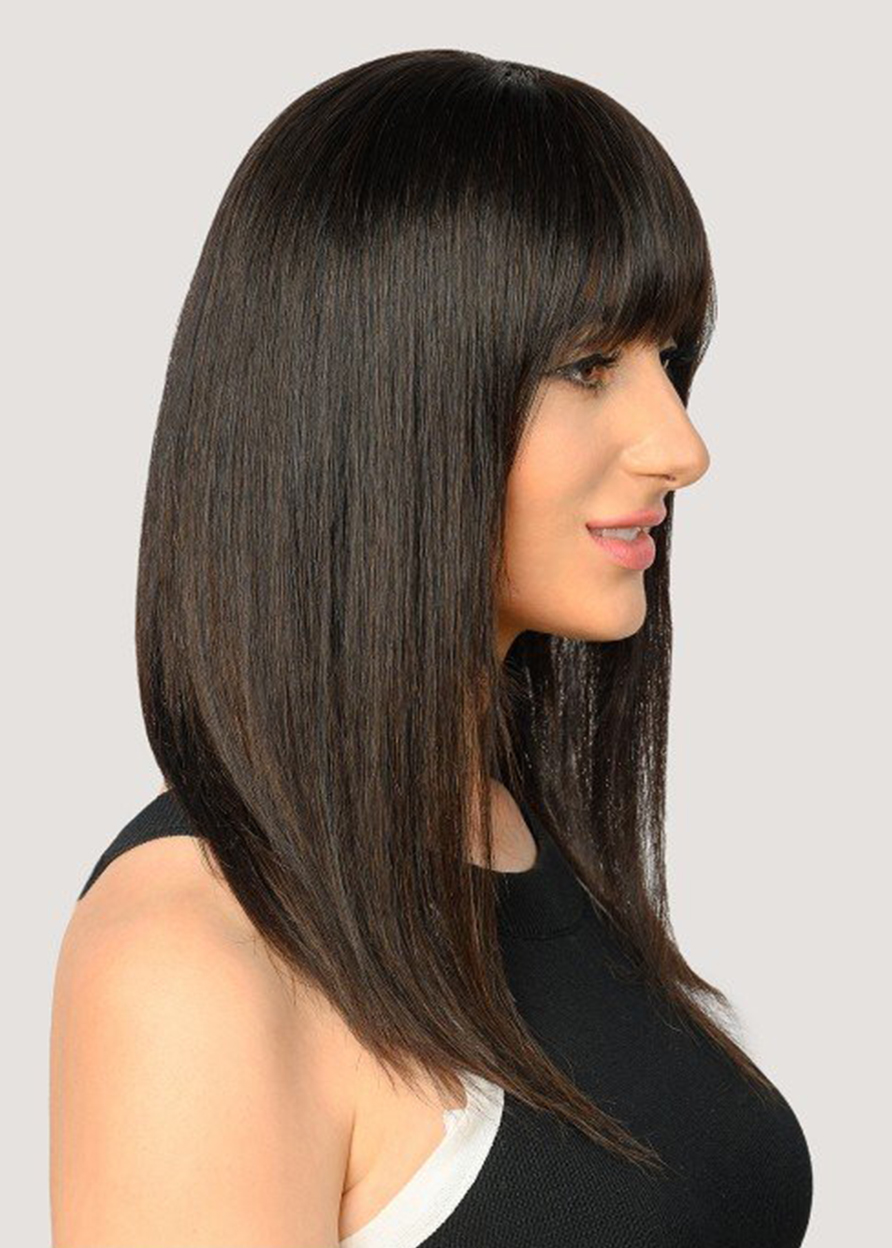 Women's Medium Bob Hairstyles Natural Straight Human Hair Cacpless Wigs With Bangs 20Inch