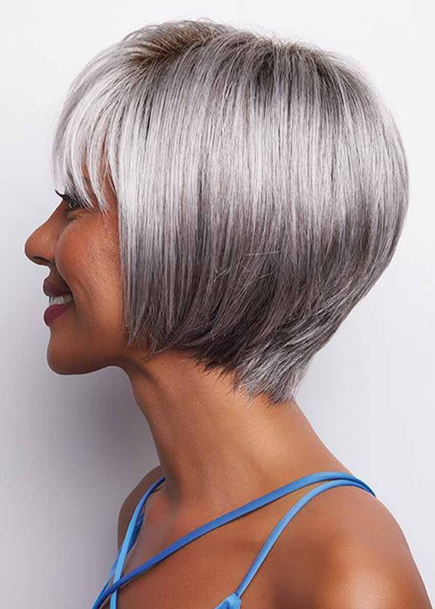Women/Ladies Short Bob Hairstyles Straight Grey Synthetic Hair Capless Wigs With Bangs 8Inch