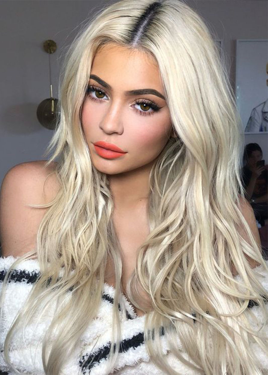 Women's 613 Blonde Color Long Length Natural Straight Mid Part Human Hair Wigs Rose Lace Front Wigs 24Inch