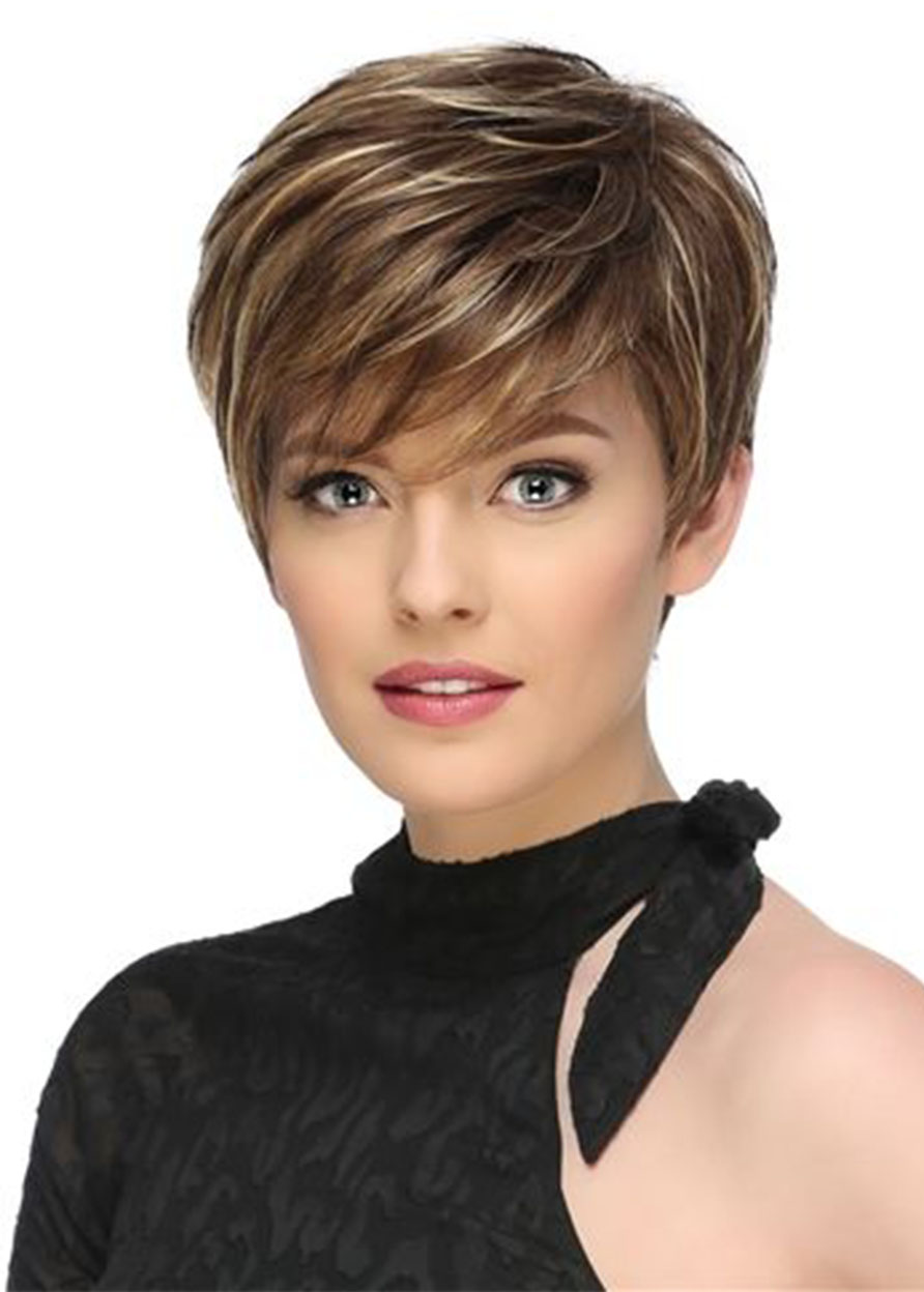 Short Fluffy Brown Mix Blonde Hair Wigs with Bangs Heat Resistant Synthetic Hair Capless Wig 10inch