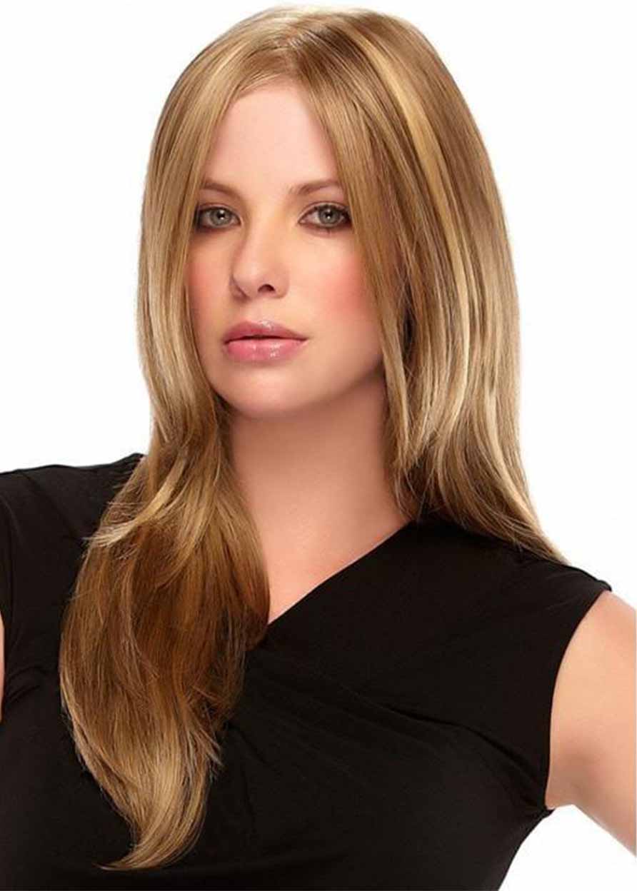 Natural Blonde Highlights Women's Long Length Layers Straight Human Hair Capless Wigs 24Inch