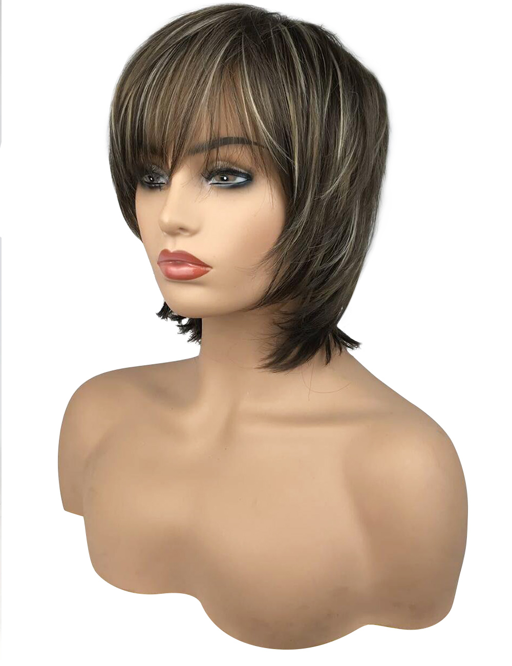 Layered Mixed Color Straight Synthetic Hair With Bangs Capless Cap Women Wigs