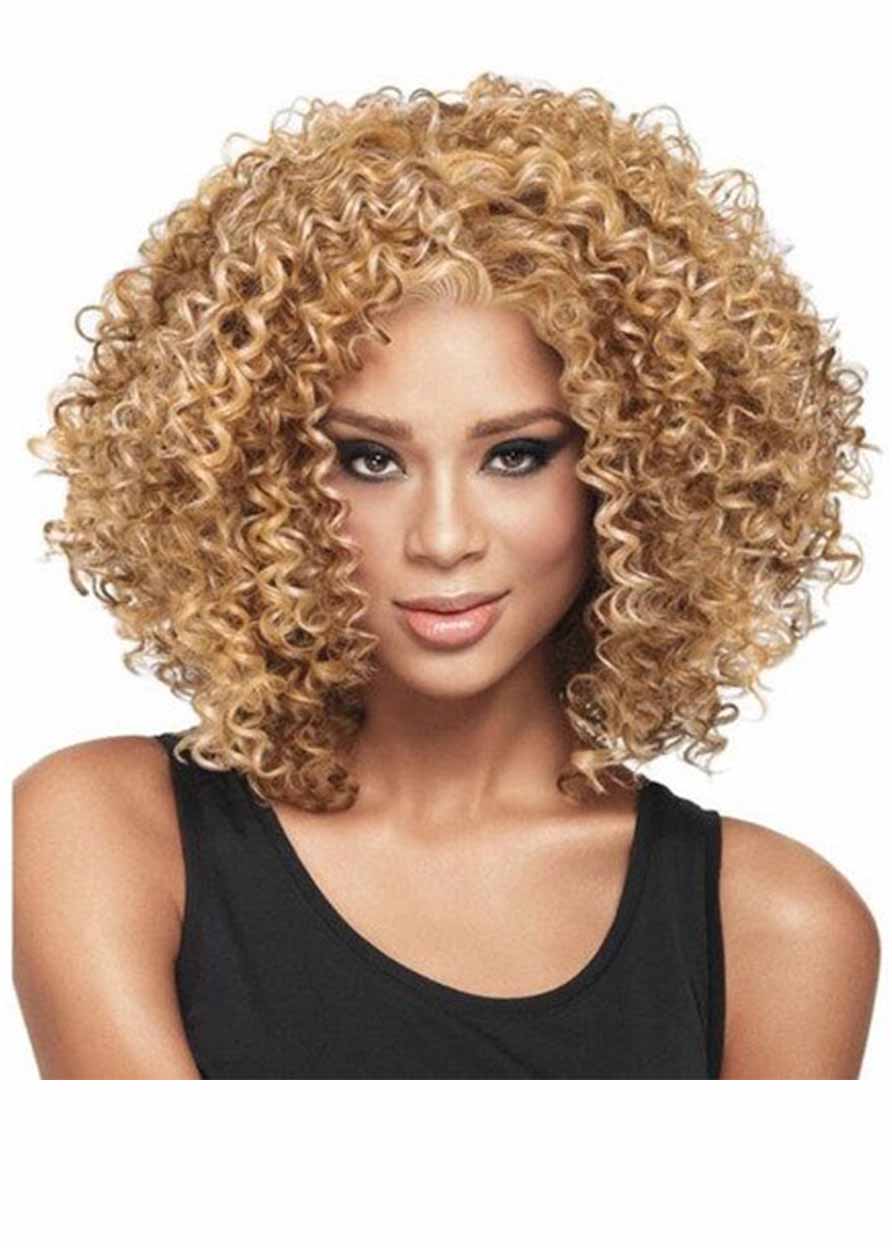 African American Women's Medium Bob Hairstyles Curly Synthetic Hair Capless Wigs 18Inch