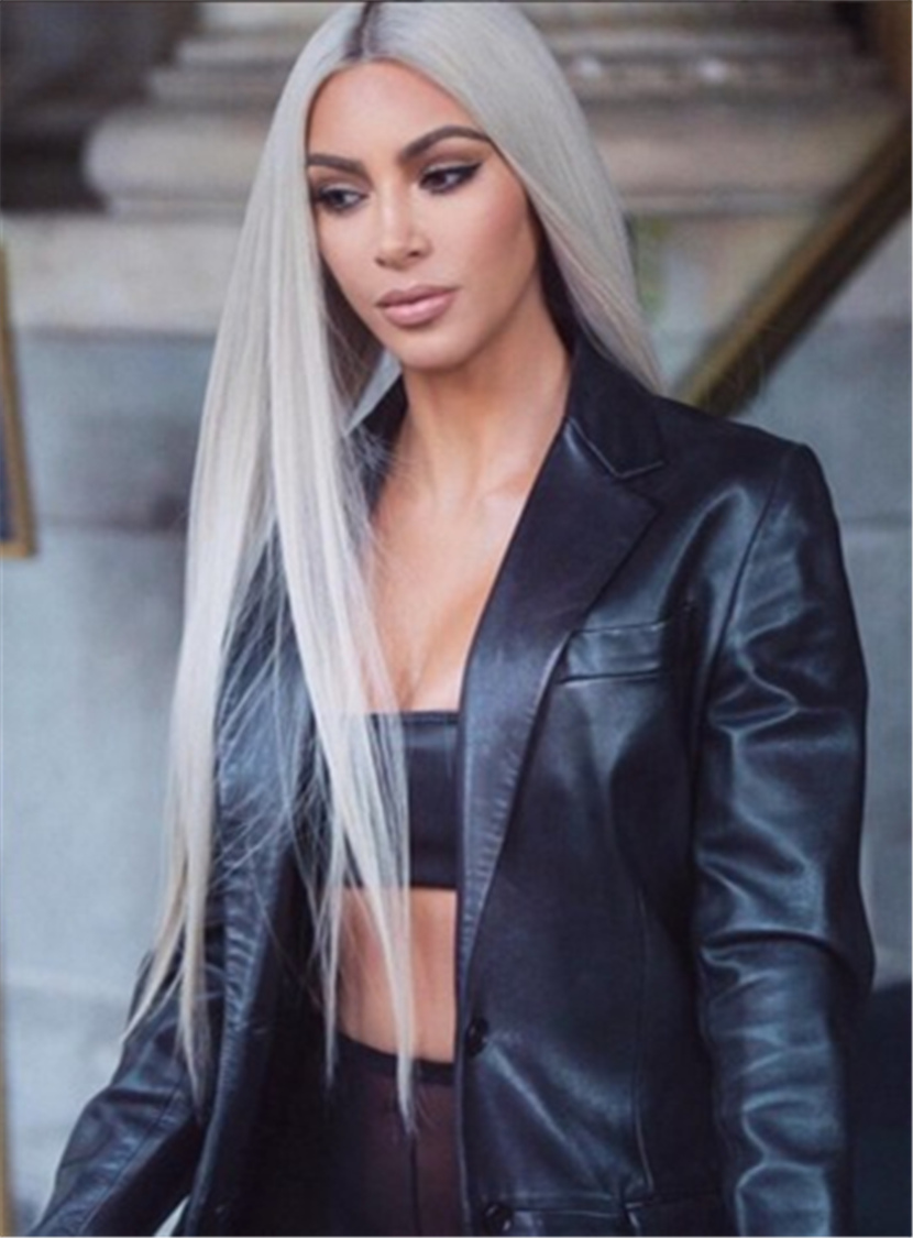 Kim Kardashian Hairstyle Long Straight Synthetic Hair Lace Front Cap Women Wigs 32 Inches
