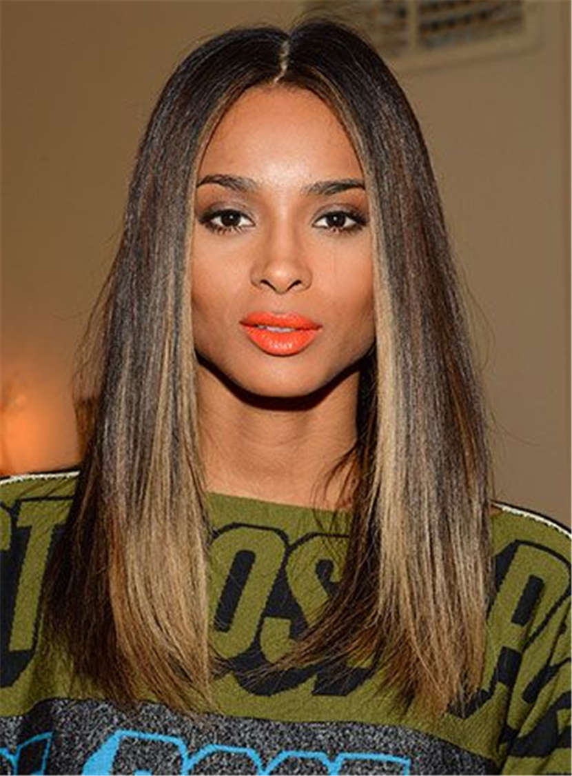 Ciara Hairstyles Blunt Cut Medium Straight Center Part Human Hair Lace Front Cap Wigs 16 Inches