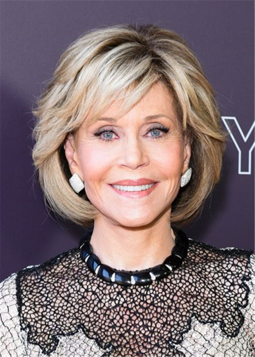 Jane Fonda Bob Type Human Hair Wavy With Bangs 12 Inches