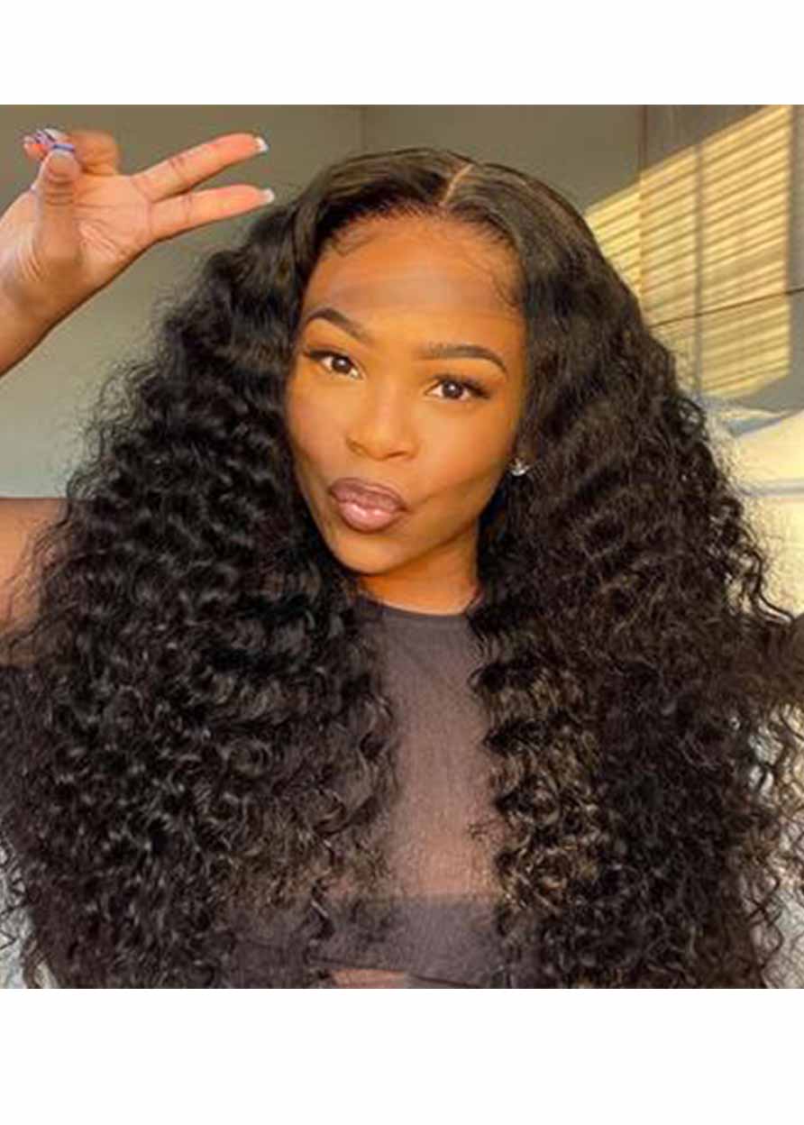 African American Women's Deep Wave Curly Human Hair Wigs With Baby Hair Lace Front Wigs 24Inch