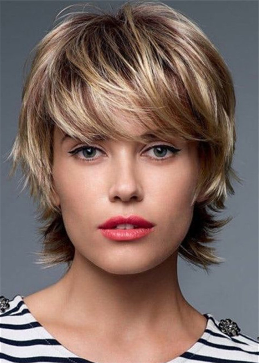 Women's Short Layered Straight Remy Human Hair Wig With Bangs 10 Inches