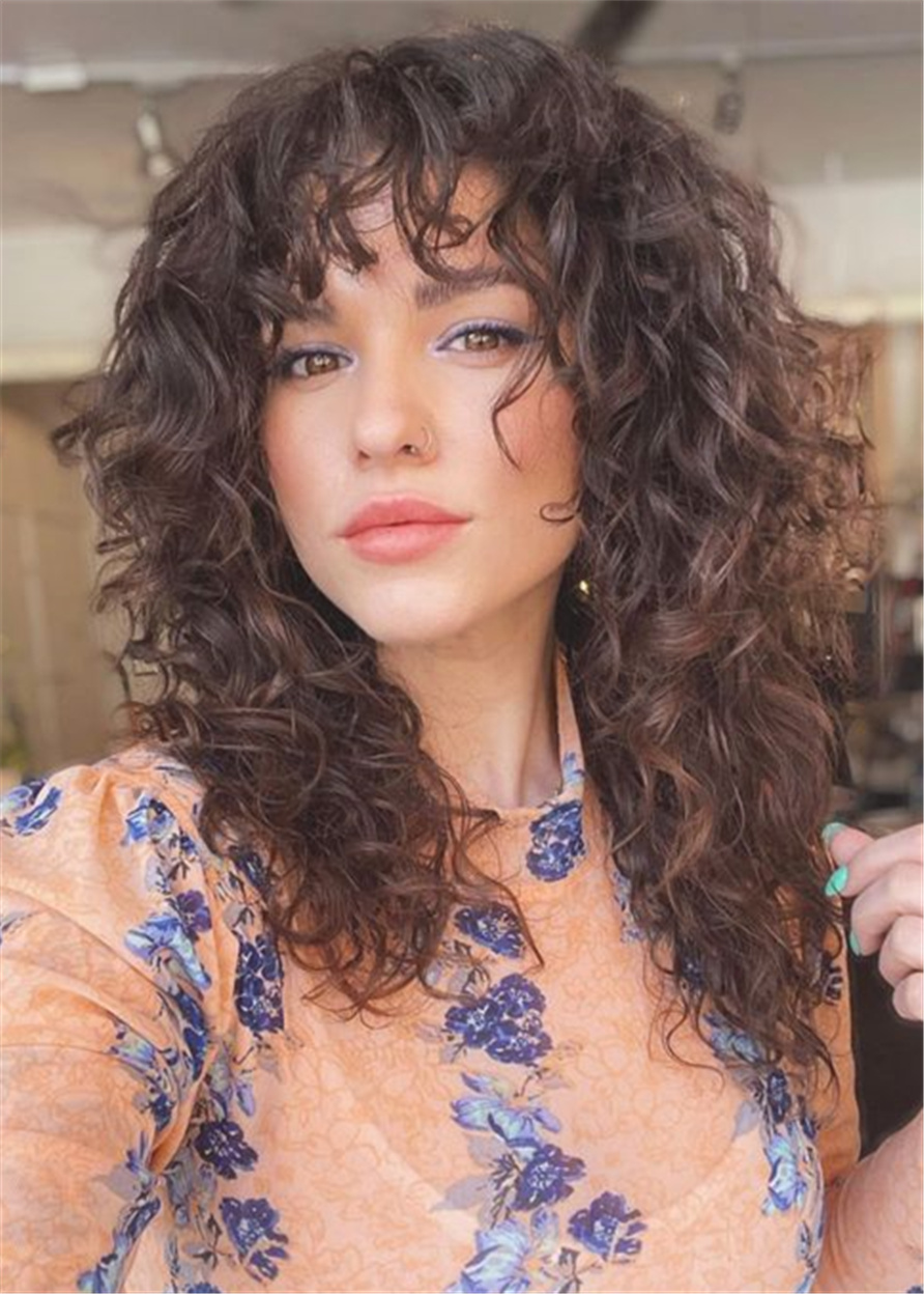 Long Kinky Curly Hairstyles Synthetic Hair With Bangs Capless Women Wigs 18Inch