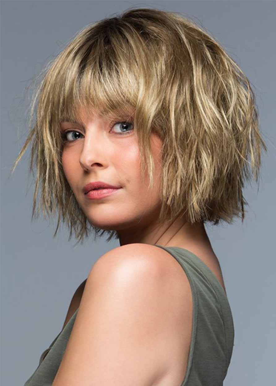Women's Short Choppy Layered Bob Blunt Ends Hairstyles Wavy Synthetic Hair Capless Wigs With Bangs 10Inch