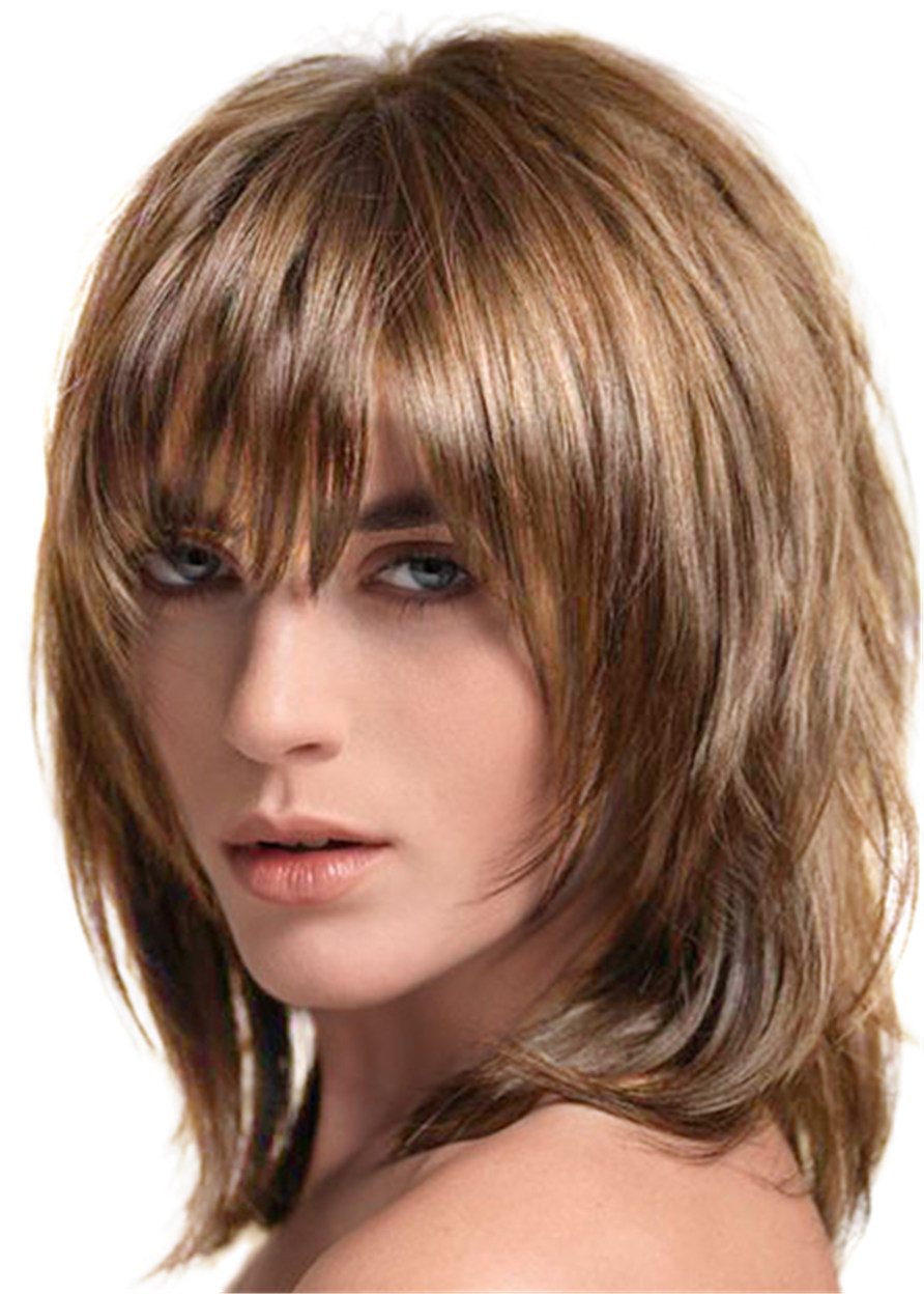 Layered Shag Hairstyle with Full Fringe Middle Length Synthetic Capless Women Wigs