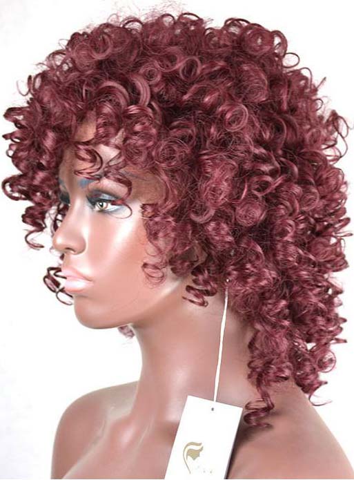 Fashion Rihanna Wine Red Medium Curly Synthetic Hair Wig 14 Inches