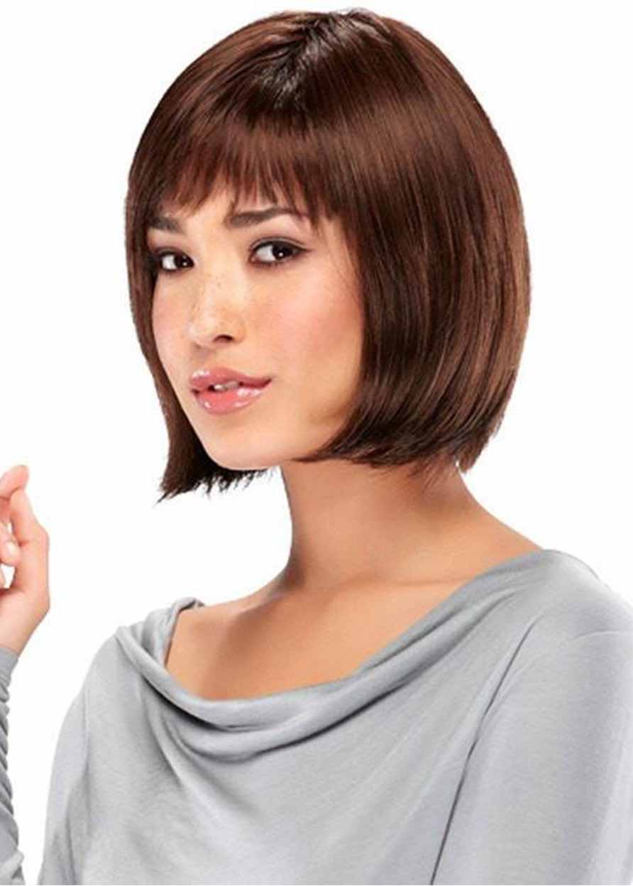Women's Classic Chin-length Bob Style Straight Synthetic Hair Capless Wigs With Wispy Bangs 10Inch