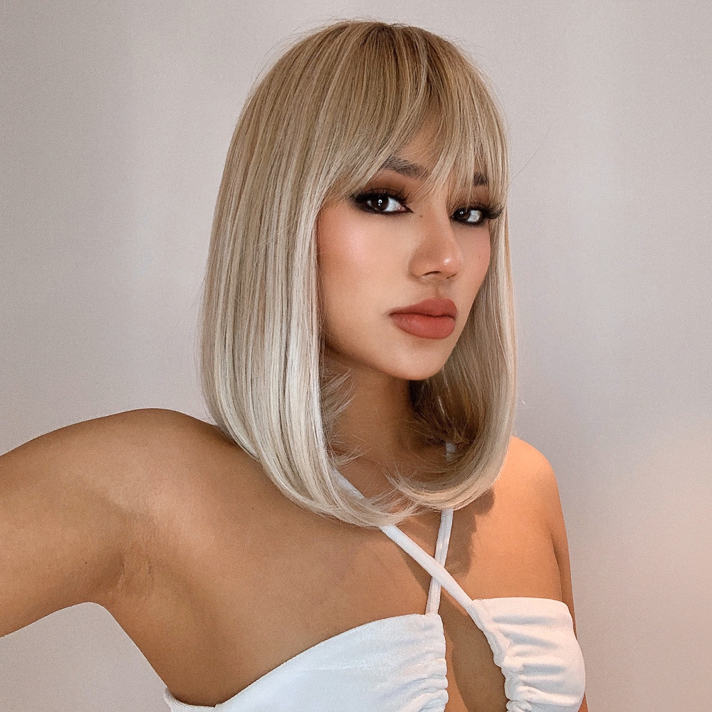 Long Bob Hairstyle Synthetic Hair Silky Straight WIth Bangs Capless Women Wig 16 Inches