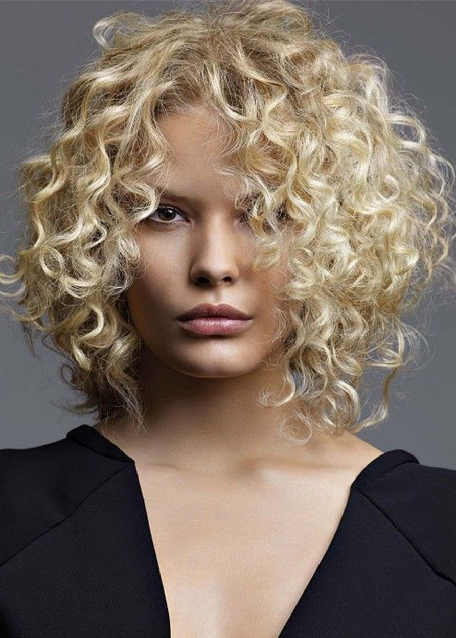 Middles Length Fluffy Afro Curly Synthetic Hair Wigs Lace Front Cap Wigs16inch