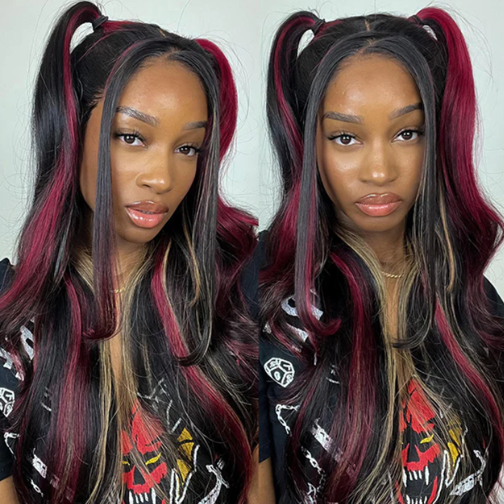 Black With Red & Blonde Highlights Human Hair Wigs Body Wave 13x4 Lace Front Wig