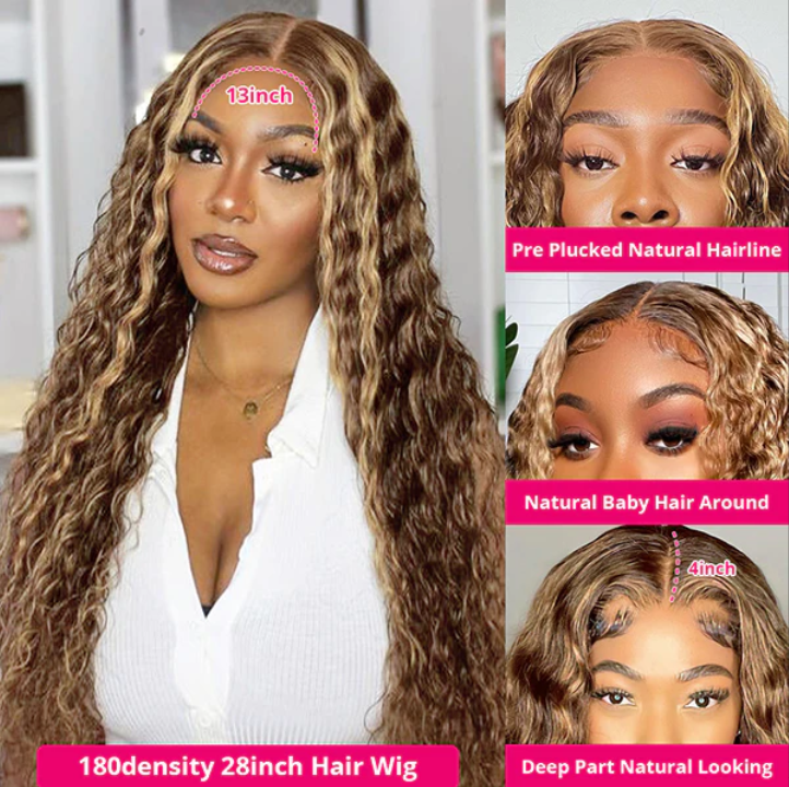 Highlighted Deep Wave Wig 13x4 Lace Front Wigs Honey Blonde Deep Curly Human Hair Wigs P4/27