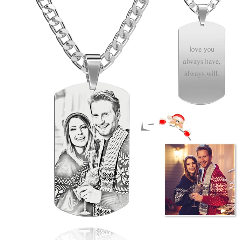 Personalised Dog Tag Photo Engraved Necklace For Couple