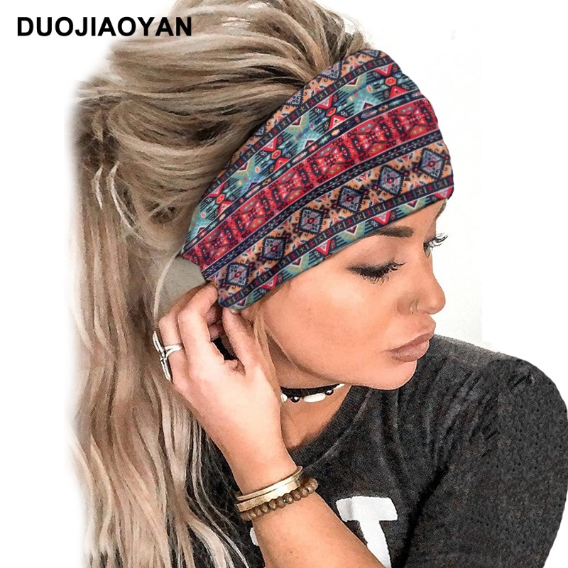 African Print Pattern Stretch Wide Side Toe End Headband Sports Yoga Crossover Headband
