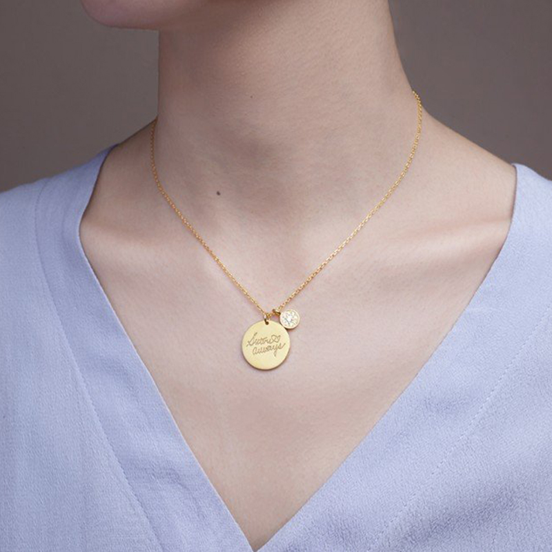 Handwriting Name Necklace-Disc Personalized Signature Necklace with Button Charm
