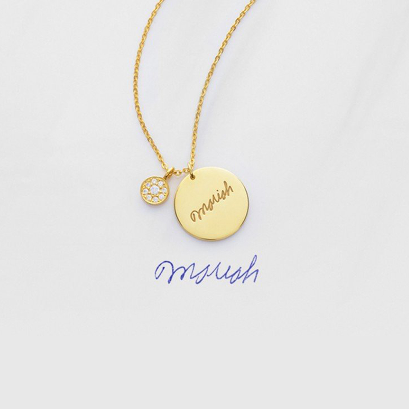 Handwriting Name Necklace-Disc Personalized Signature Necklace with Button Charm