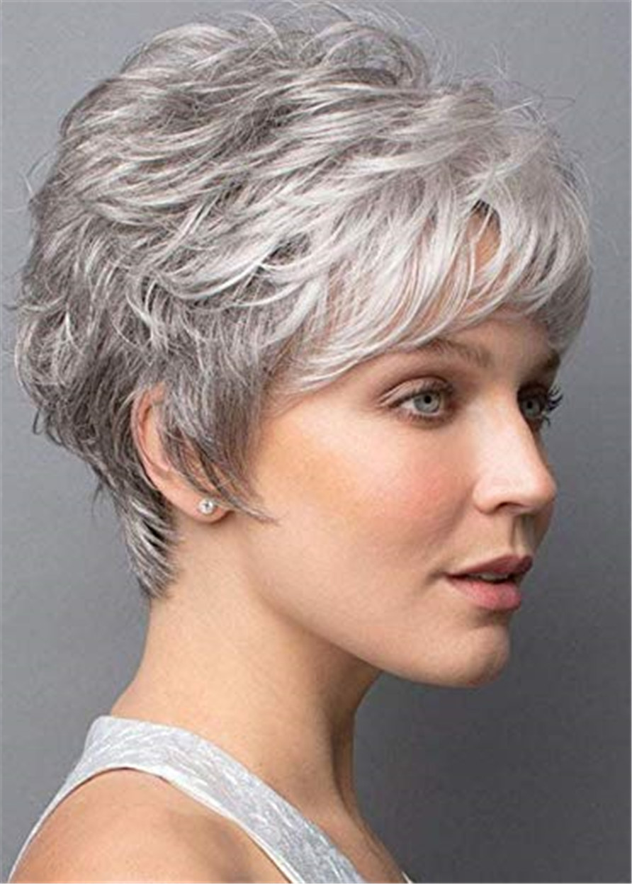 Short Grey Wig With Softly Swept Bangs Synthetic Hair Wig 10 Inches