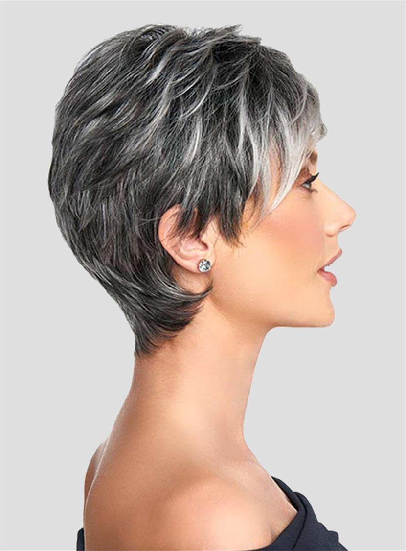 Salt and Pepper Short Layered Grey Synthetic Capless Black Women Wigs
