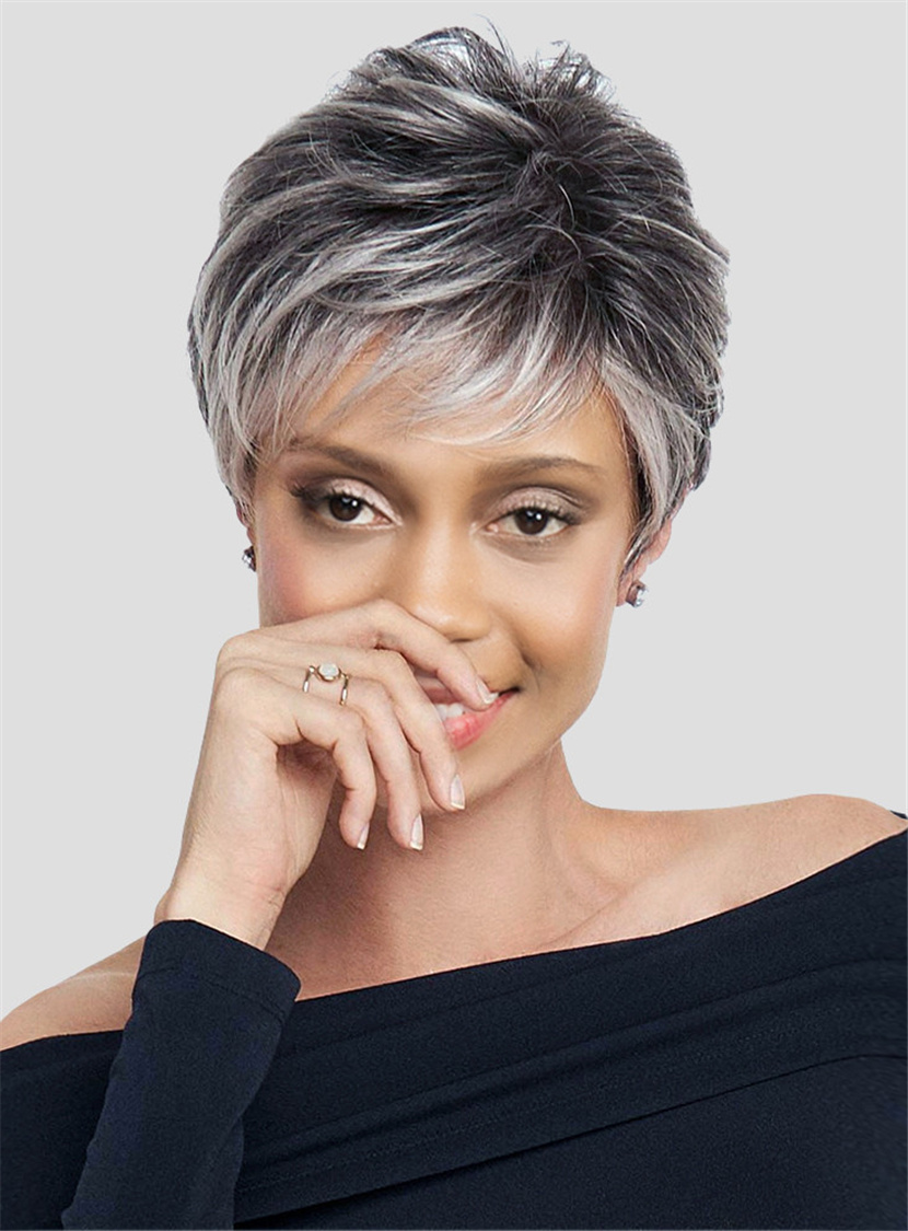 Salt and Pepper Short Layered Grey Synthetic Capless Black Women Wigs