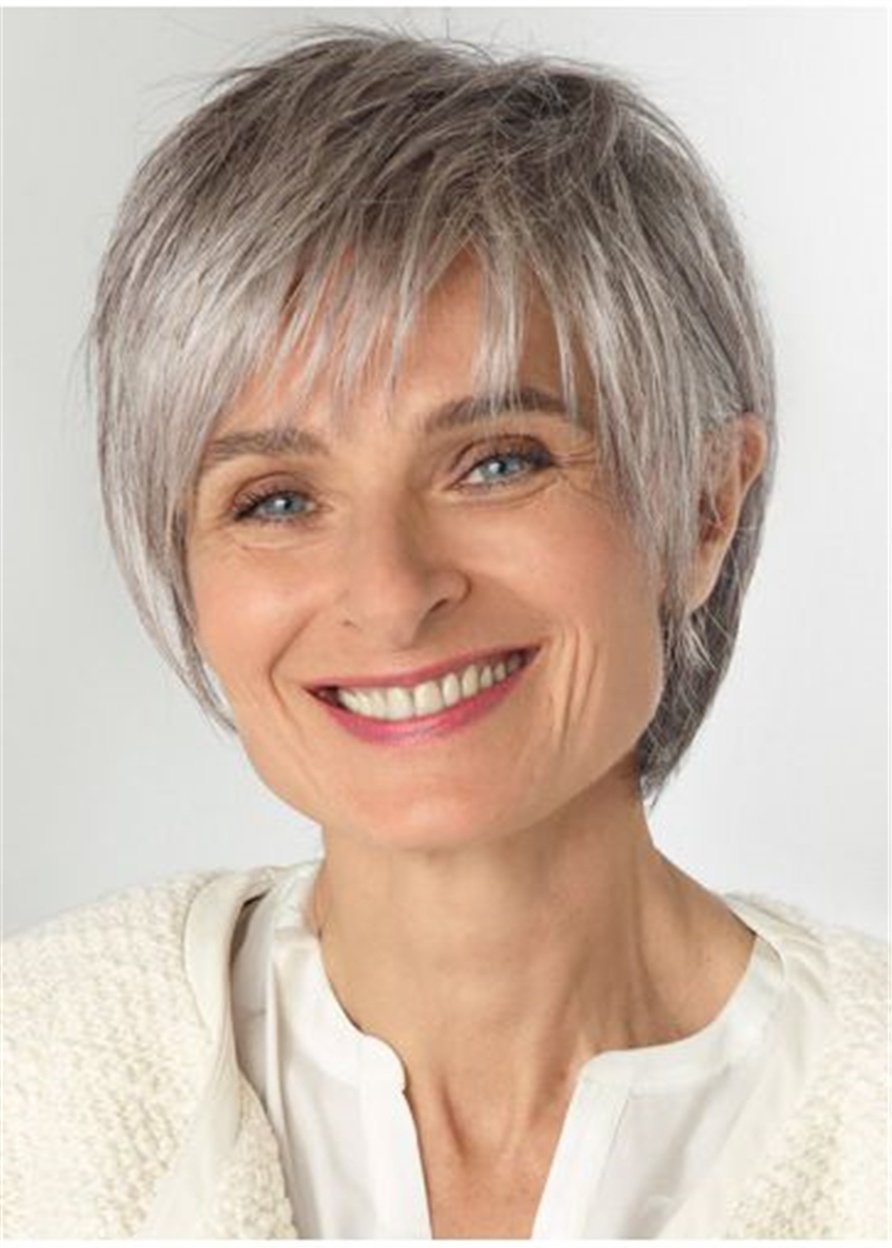 Short Choppy Layered Straight Synthetic Hair Capless Grey Wigs For Older Women 